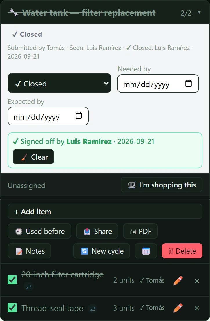 A closed list showing Signed off by a manager, with the admin's Clear button