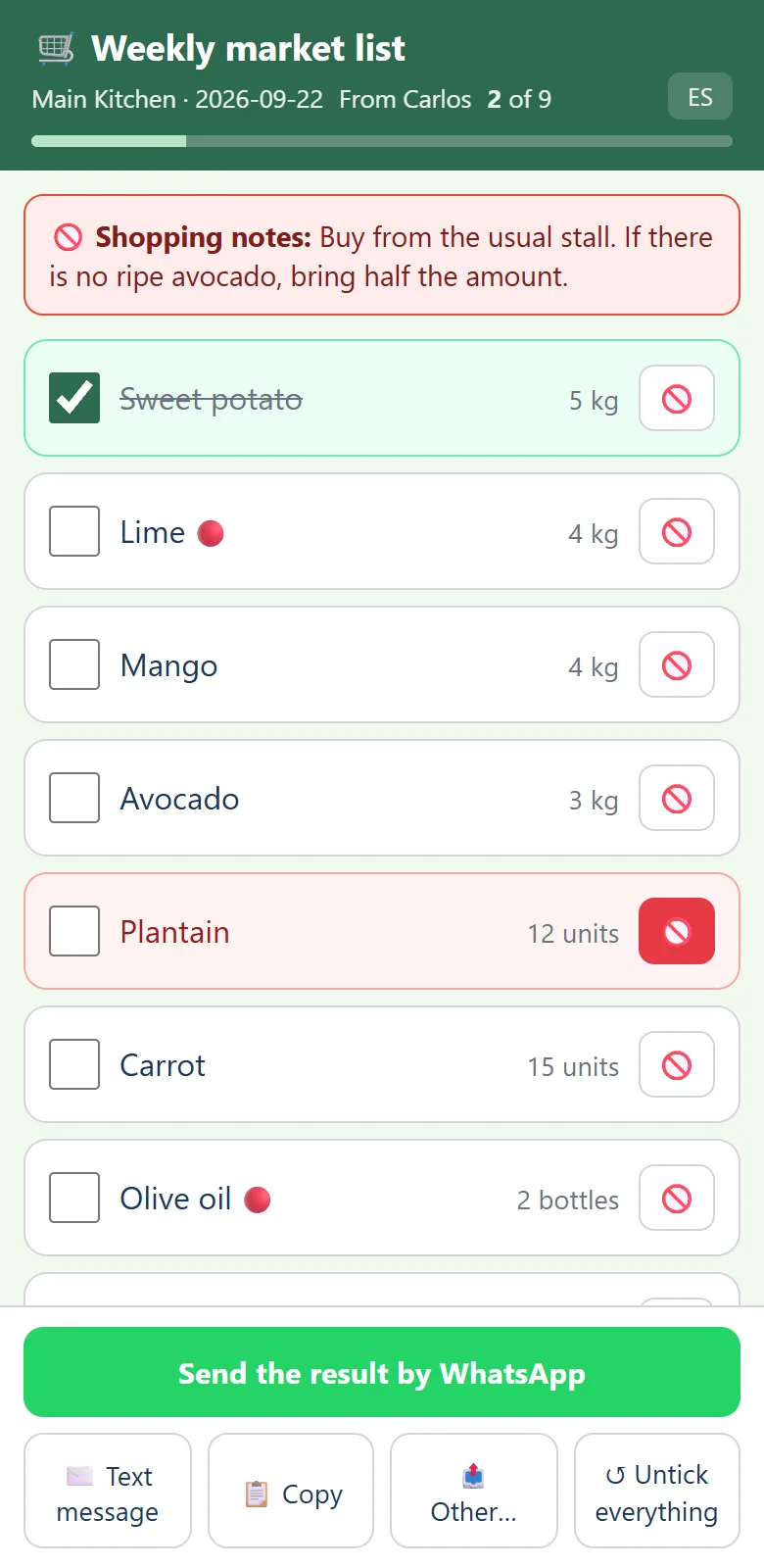 The stand-alone checklist page: items with tick boxes and not-available buttons, and Send the result by WhatsApp