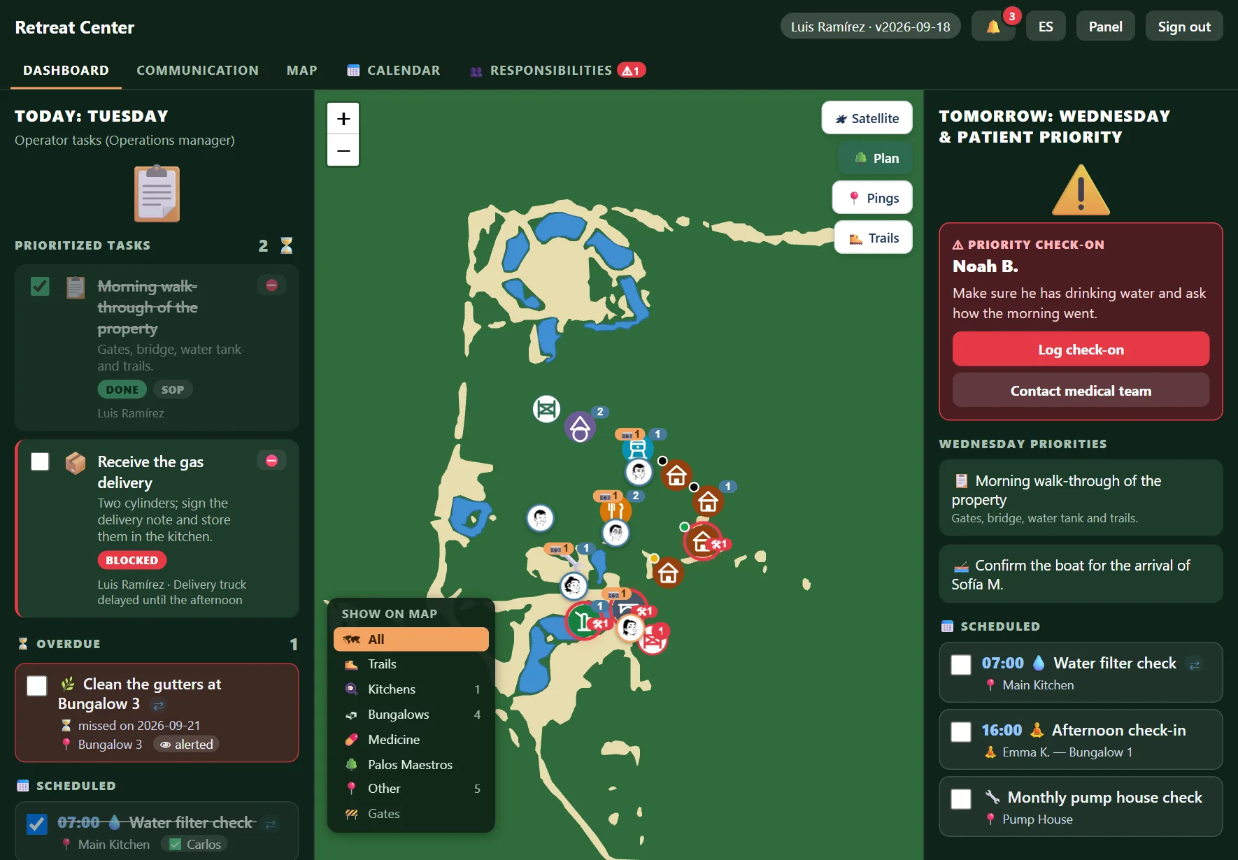 The manager page on a tablet: today's tasks, the map, and tomorrow's priorities