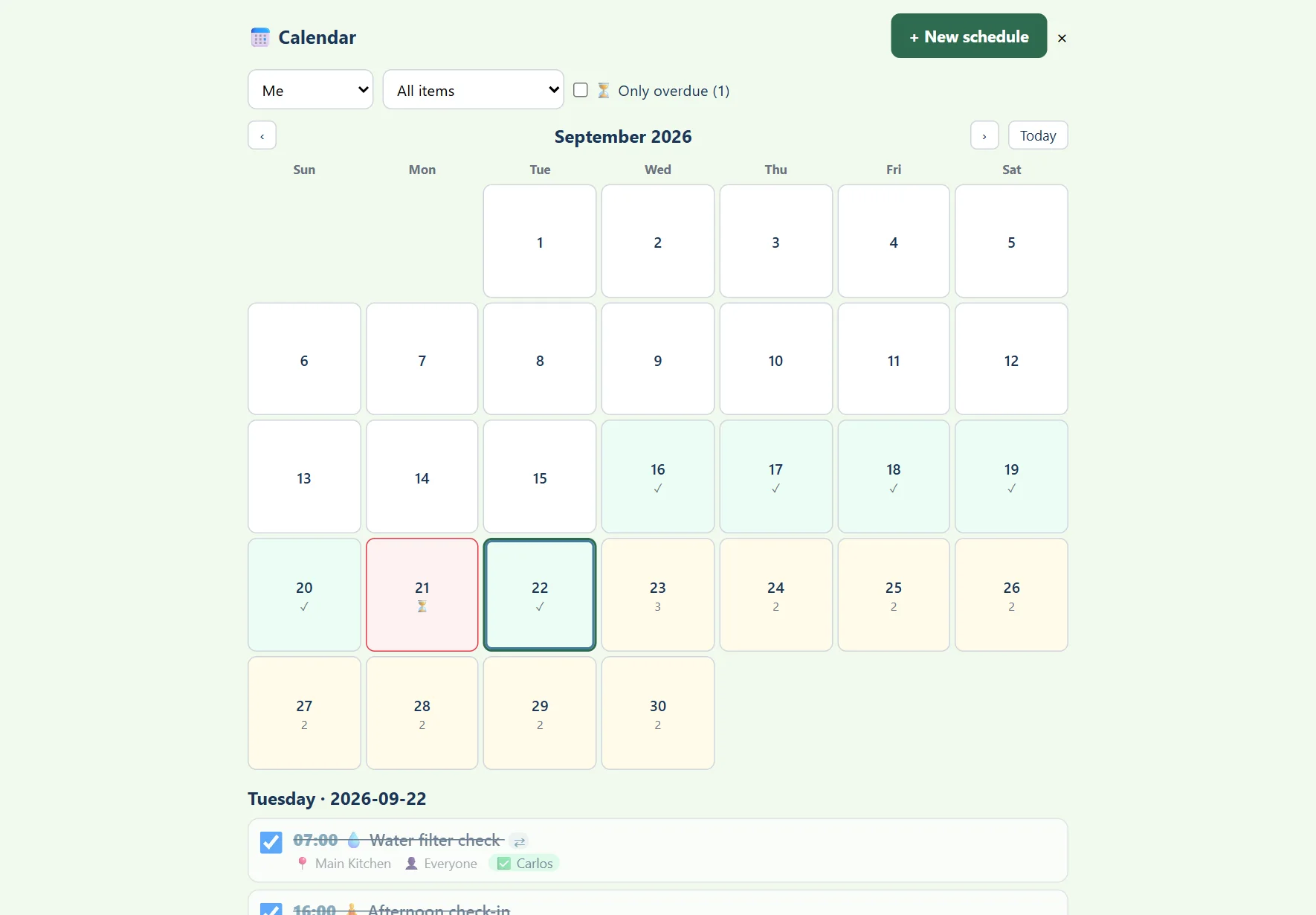 Month calendar: past days in green where all was done, one day in red where something was missed, and today's agenda below