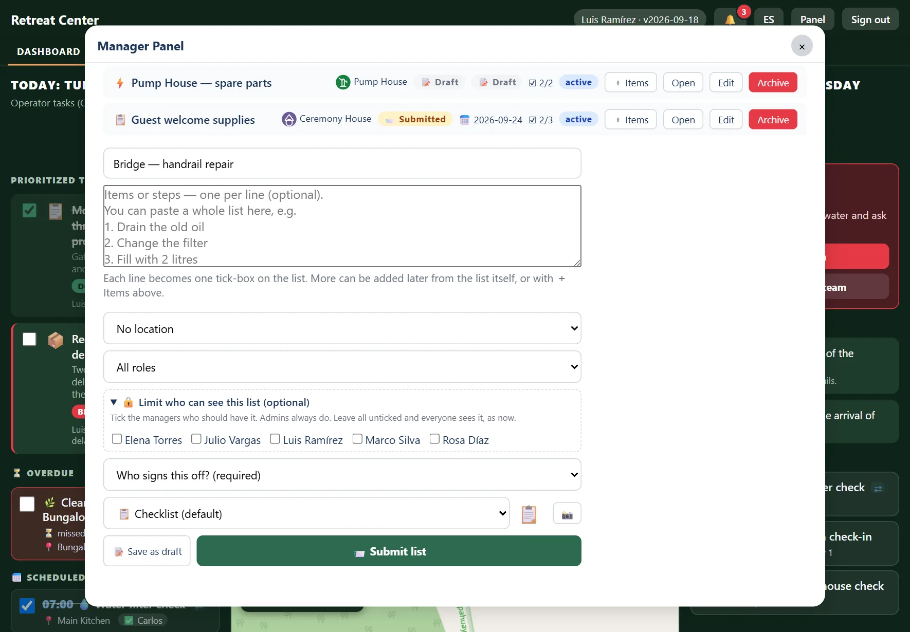 Manager Panel, Lists tab: the create-list form with the items box, limit-access ticks, the signer selector, Save as draft and Submit list