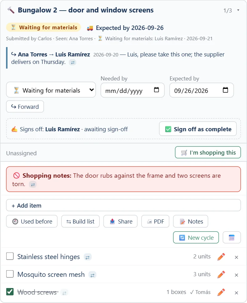 A repair list card: Waiting for materials, expected-by date, a forward trail from one manager to another, and the Sign off as complete button