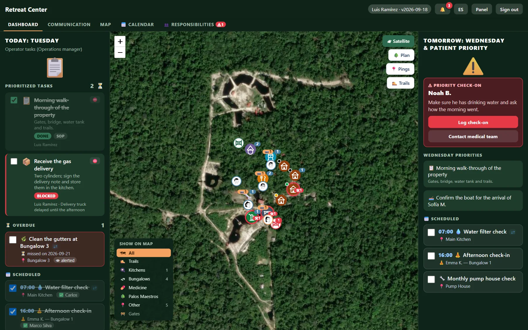 The manager page: today's tasks on the left, satellite map with pins in the middle, tomorrow and a priority guest check-on on the right