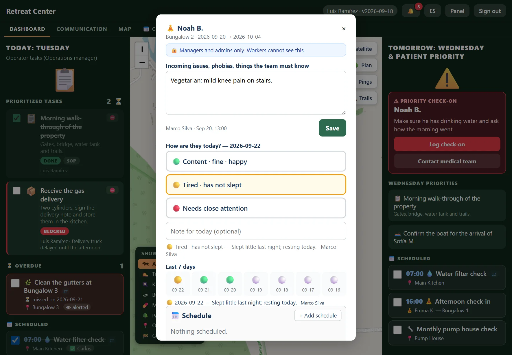 A guest's profile: things the team must know, today's status buttons green, yellow and red, and the last seven days