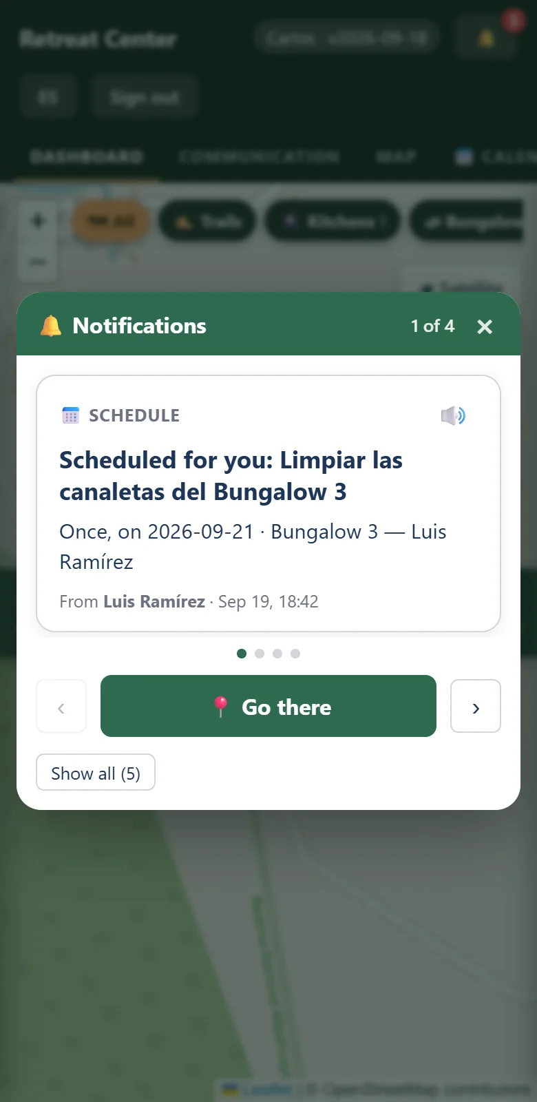 Inbox card over the map: a scheduled task, with a Go there button