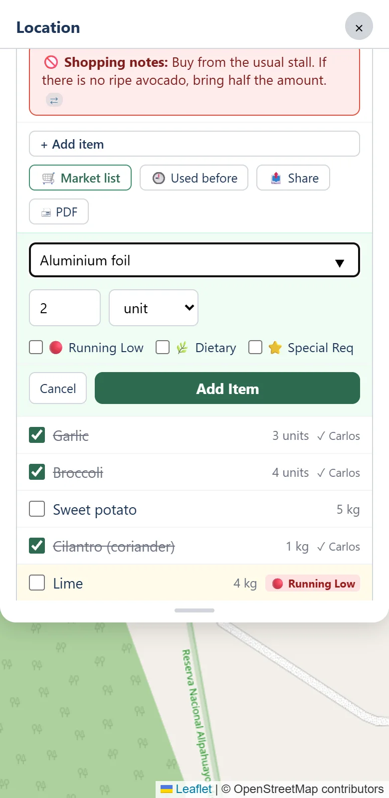 The add item form: name, quantity, unit, and the running low, dietary and special request boxes