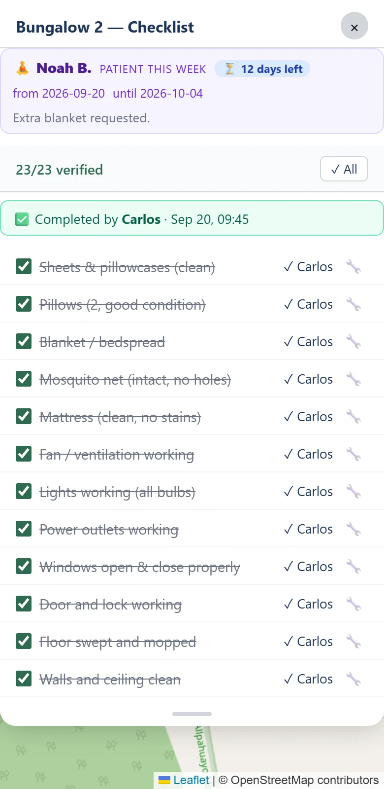 A completed bungalow checklist: 23 of 23 verified, stamped Completed by with a name and time