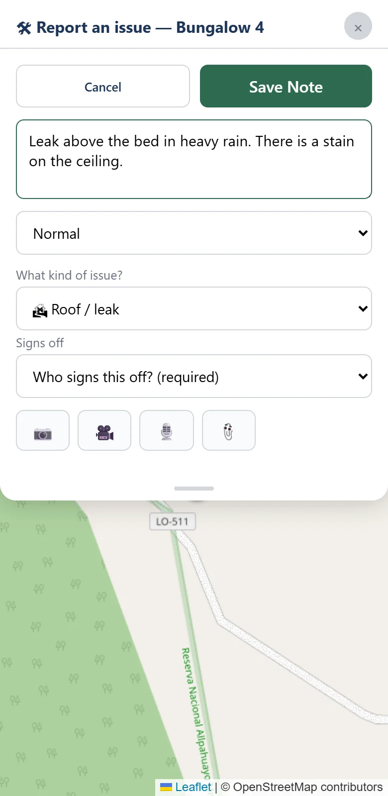 Report an issue form: description, kind of issue set to Roof / leak, and the required Signs off selector