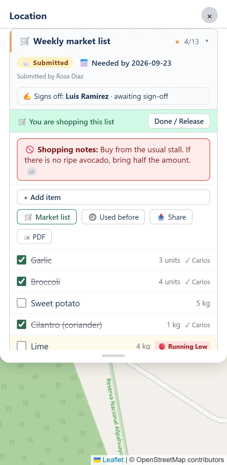 A market list: status Submitted, who signs it off, shopping notes in red, and ticked items with names