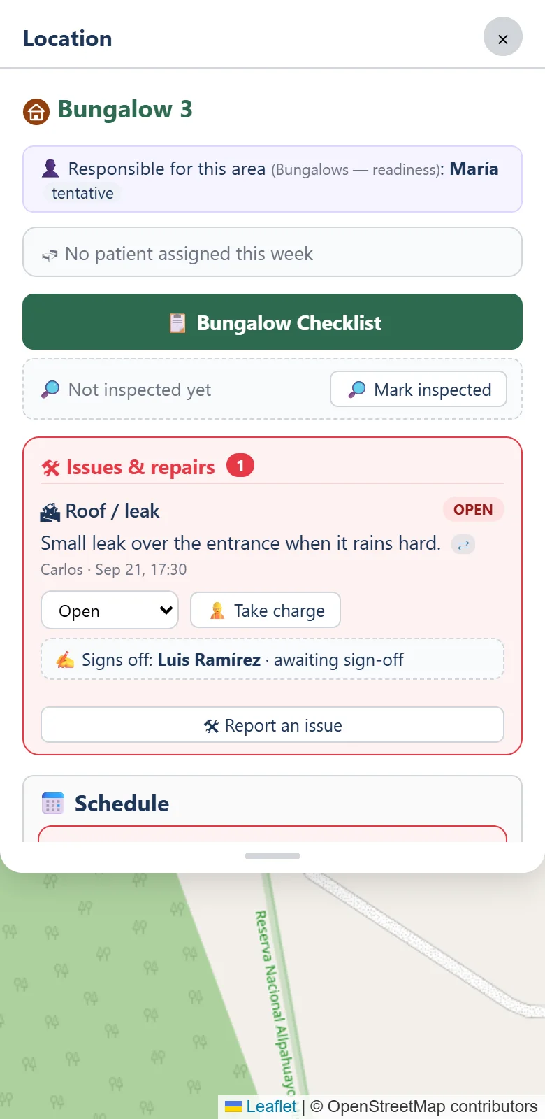 A bungalow's panel: who is responsible, the guest, the Bungalow Checklist bar with its inspection line, and an open roof leak problem