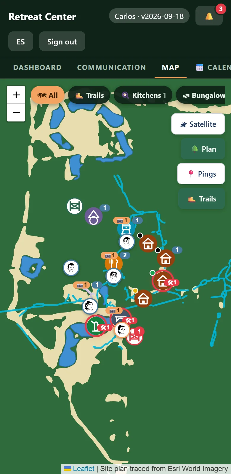 The site plan map style: forest in green, cleared ground in sand, water in blue, trails as cyan lines