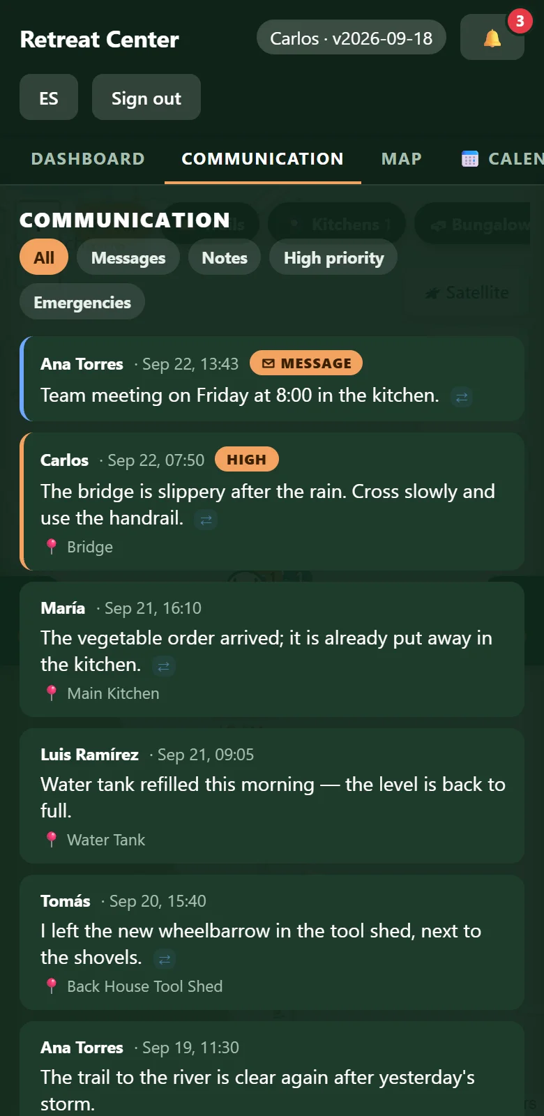 The Communication feed: notes from five people and a message, each in the reader's language with a translation mark, with Messages and Notes filters