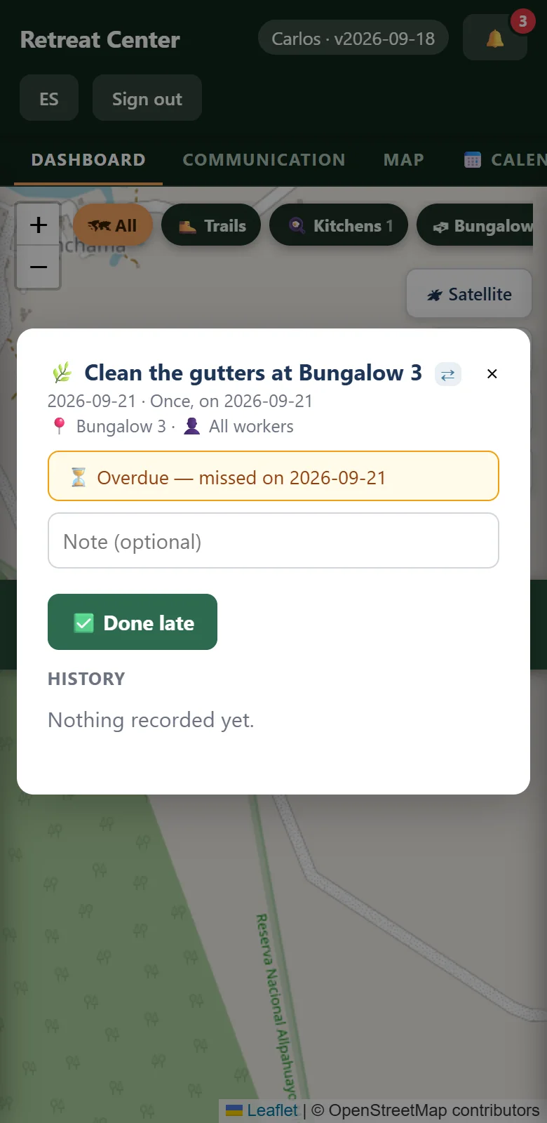 An overdue scheduled task opened: a note field and a Done late button