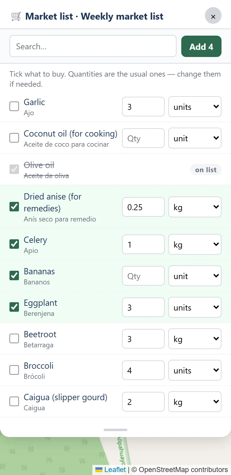 The market quick-pick sheet: items in two languages with usual quantities, four ticked, and an Add 4 button