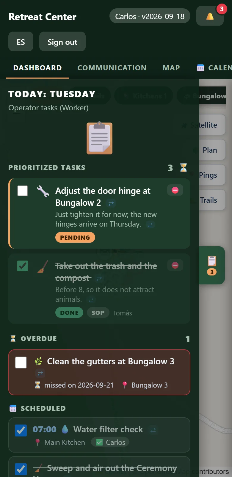 The Today panel: prioritized tasks with Pending, Done and Blocked labels, then overdue and scheduled work