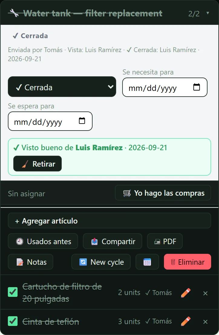 Una lista cerrada que muestra el visto bueno de un gerente, con el botón Retirar del admin