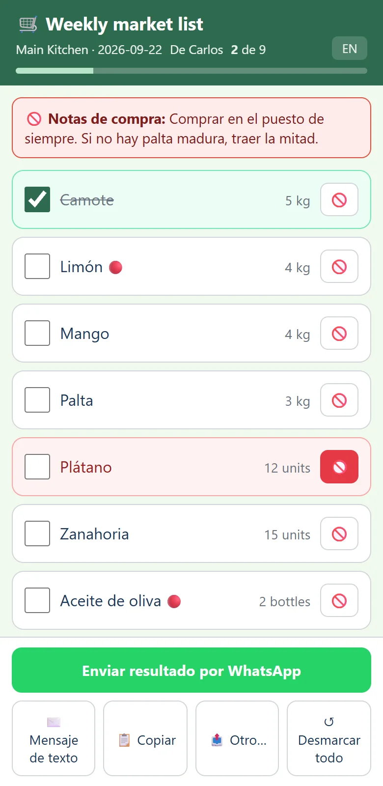 La página independiente del checklist: artículos con casillas y botones de no había, y Enviar resultado por WhatsApp