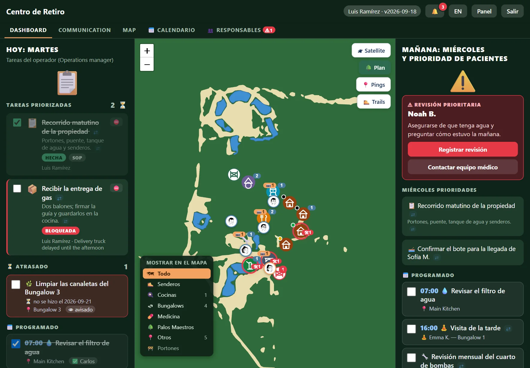 La página del gerente en una tableta: tareas de hoy, el mapa y las prioridades de mañana