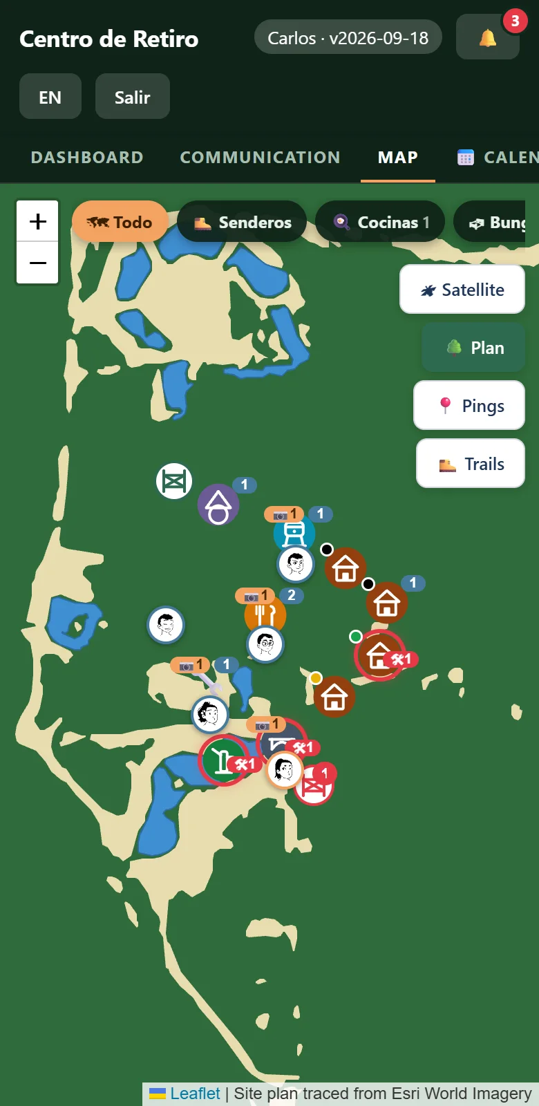 La app del trabajador en un teléfono: el plano del sitio con los pines de los lugares