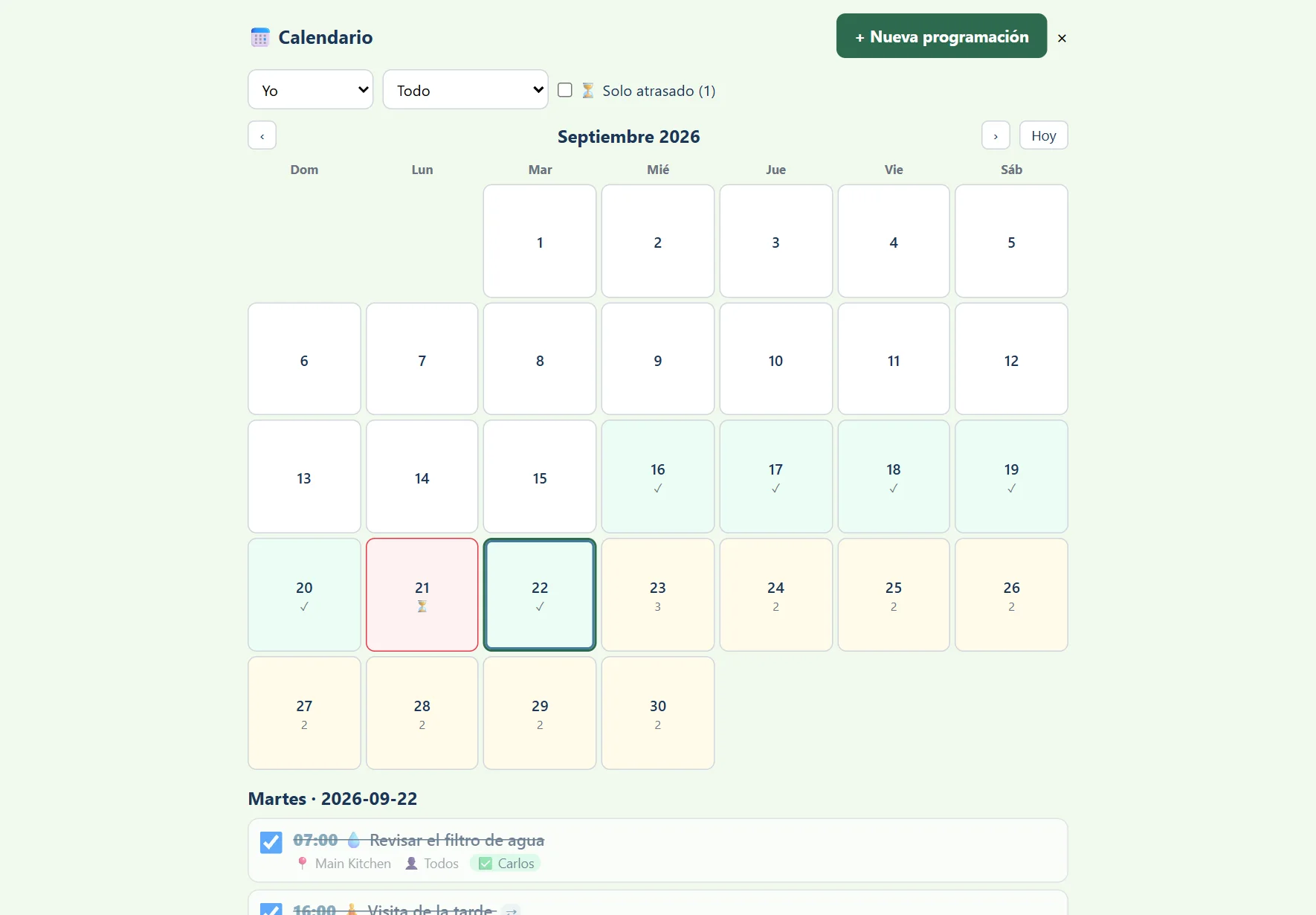 Calendario mensual: días pasados en verde donde todo se hizo, un día en rojo donde algo no se hizo y la agenda de hoy abajo