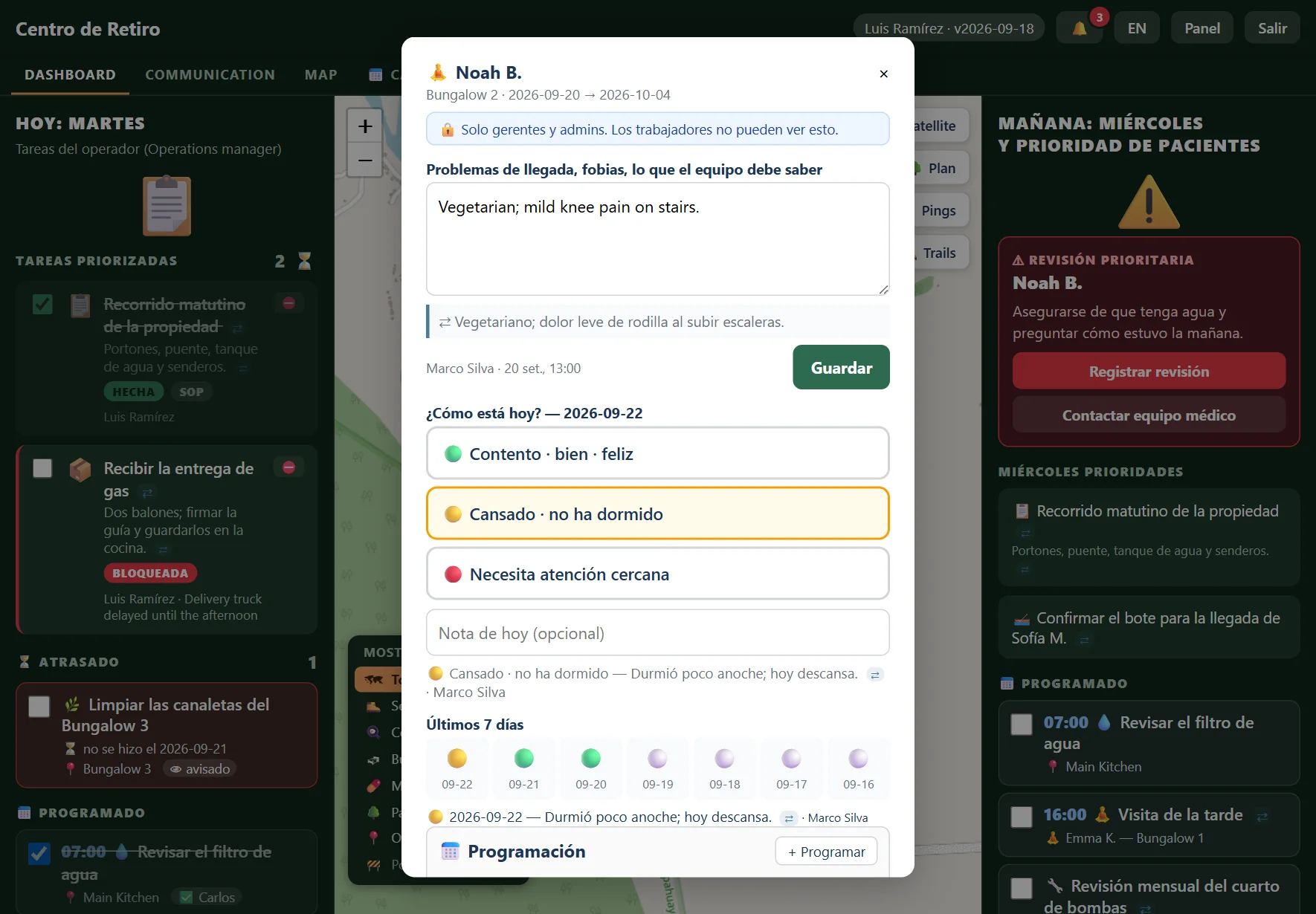 El perfil de un huésped: lo que el equipo debe saber, botones de estado de hoy verde, amarillo y rojo, y los últimos siete días