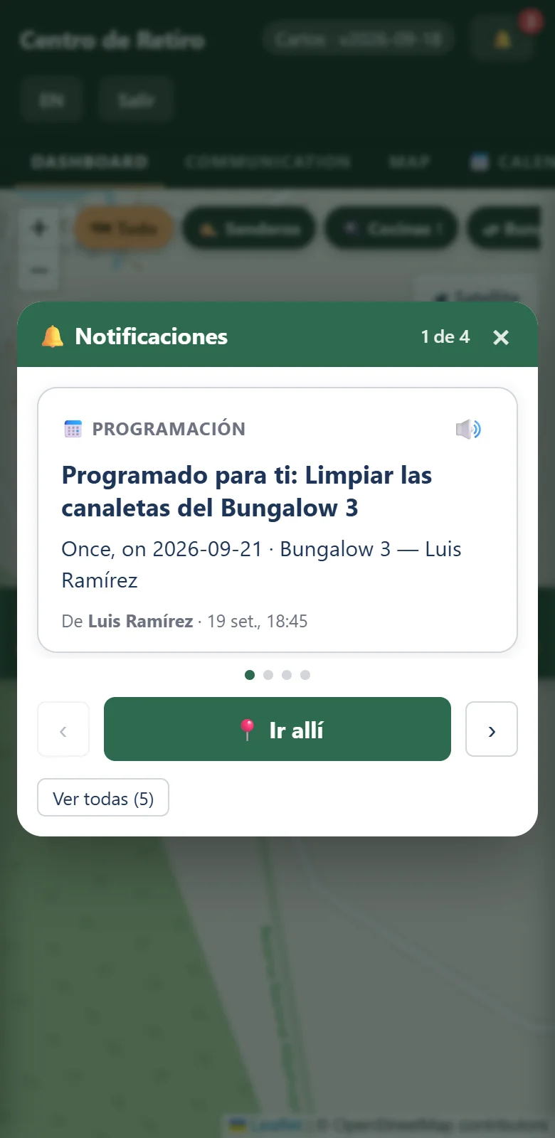 Tarjeta de la bandeja sobre el mapa: una tarea programada, con un botón Ir allí