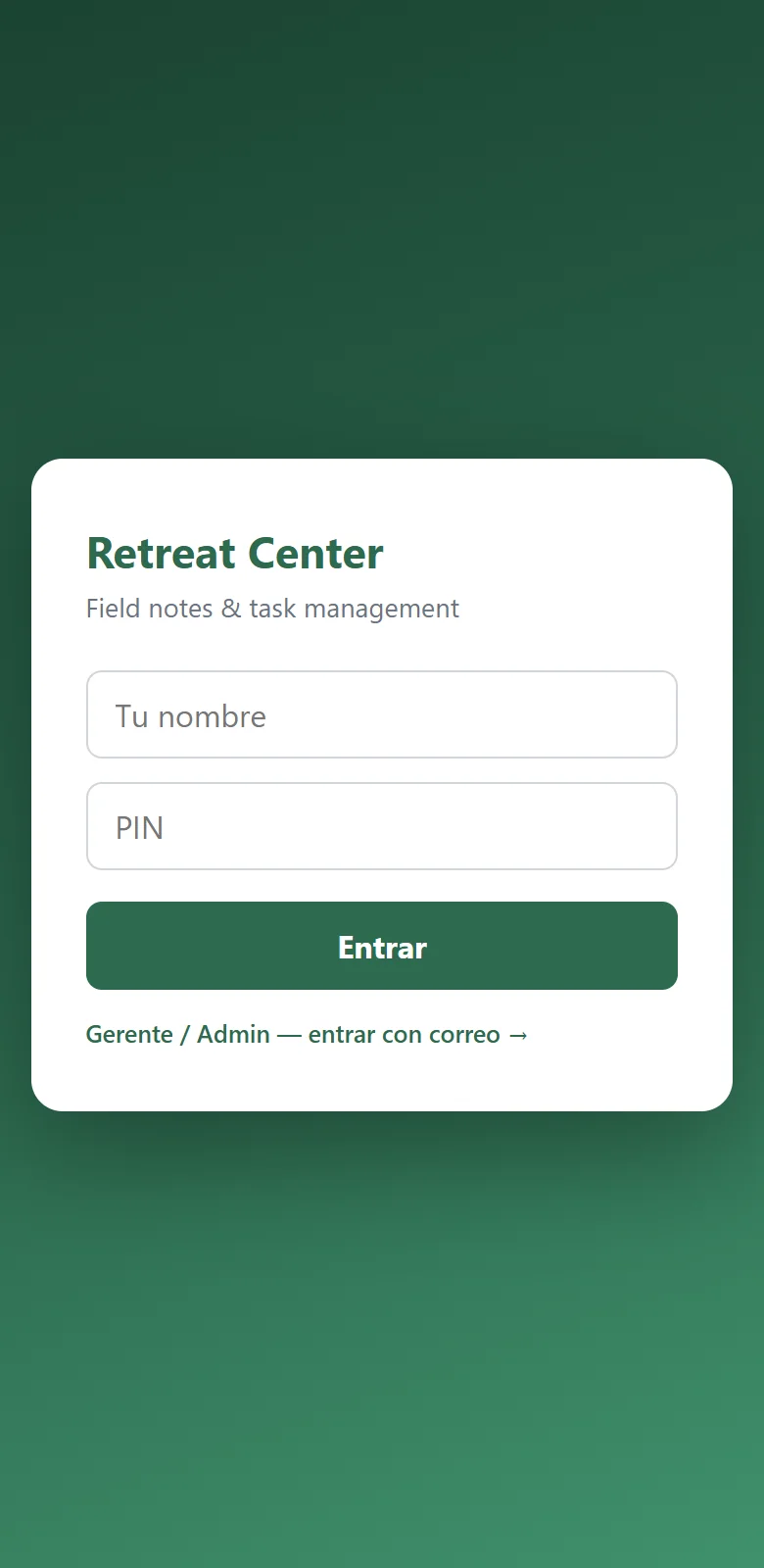 Pantalla de acceso del trabajador con campo de nombre, campo de PIN y botón Entrar