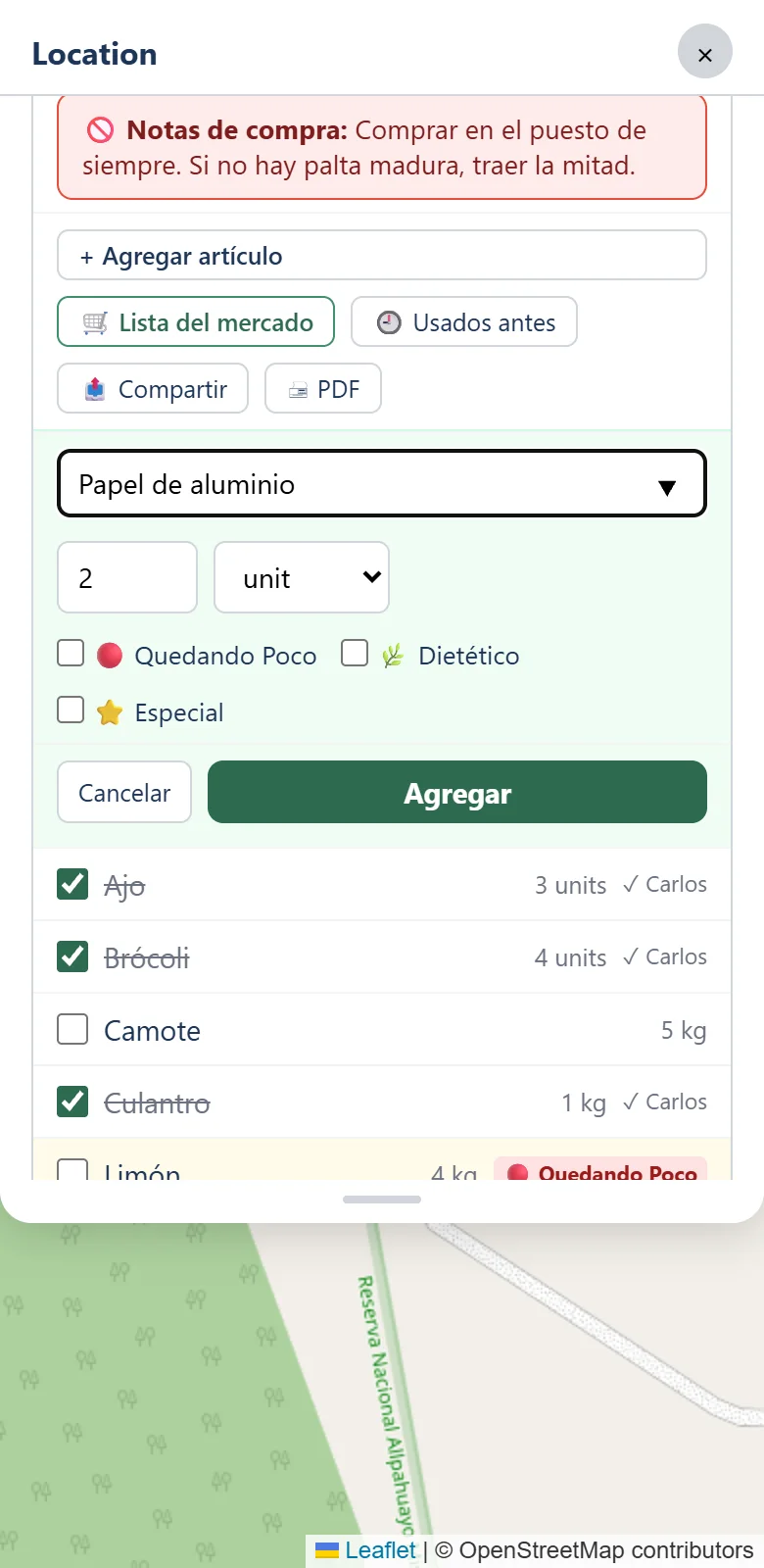 El formulario para agregar un artículo: nombre, cantidad, unidad y las casillas quedando poco, dietético y especial