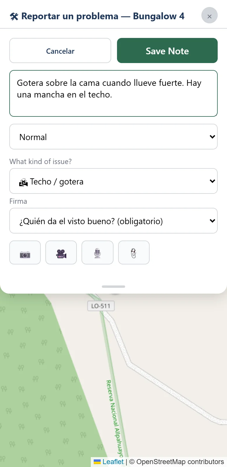 Formulario para reportar un problema: descripción, tipo Techo / gotera y el selector obligatorio de quién firma