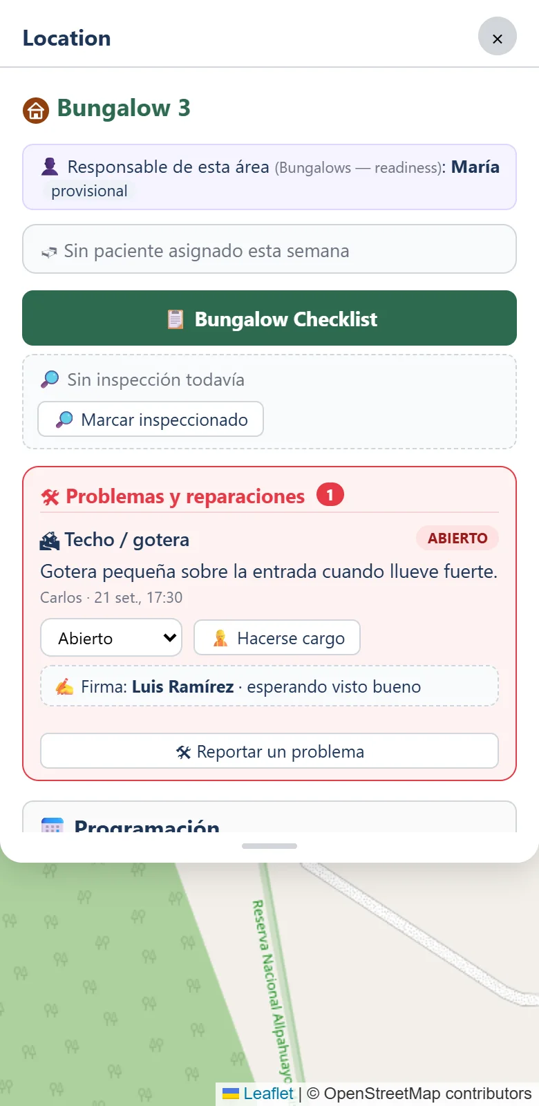 El panel de un bungalow: quién es responsable, el huésped, la barra Bungalow Checklist con su línea de inspección y un problema abierto de gotera