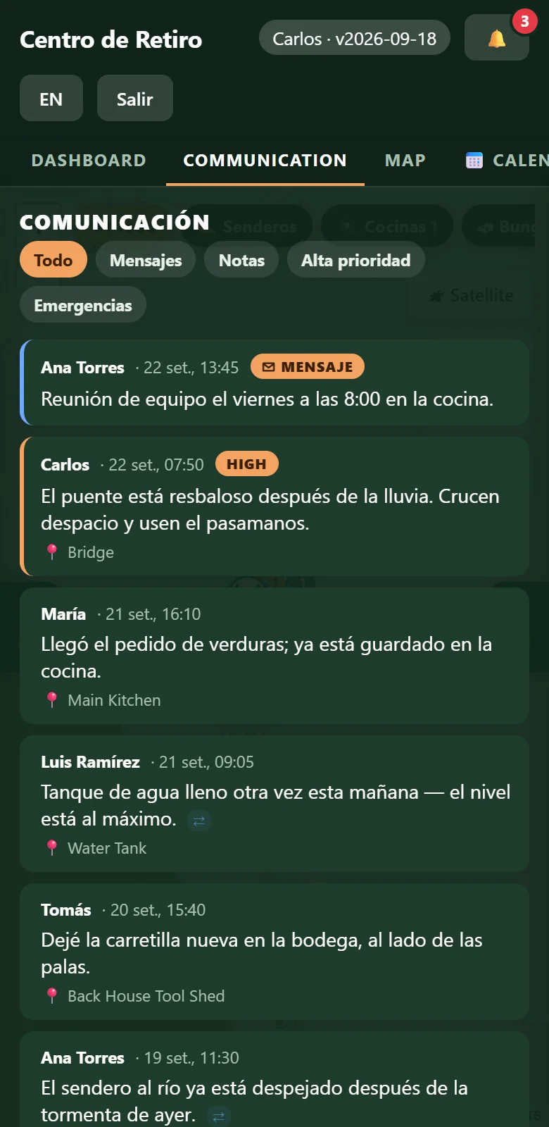 El muro de Comunicación: notas de cinco personas y un mensaje, cada uno en el idioma del lector con una marca de traducción, con filtros Mensajes y Notas