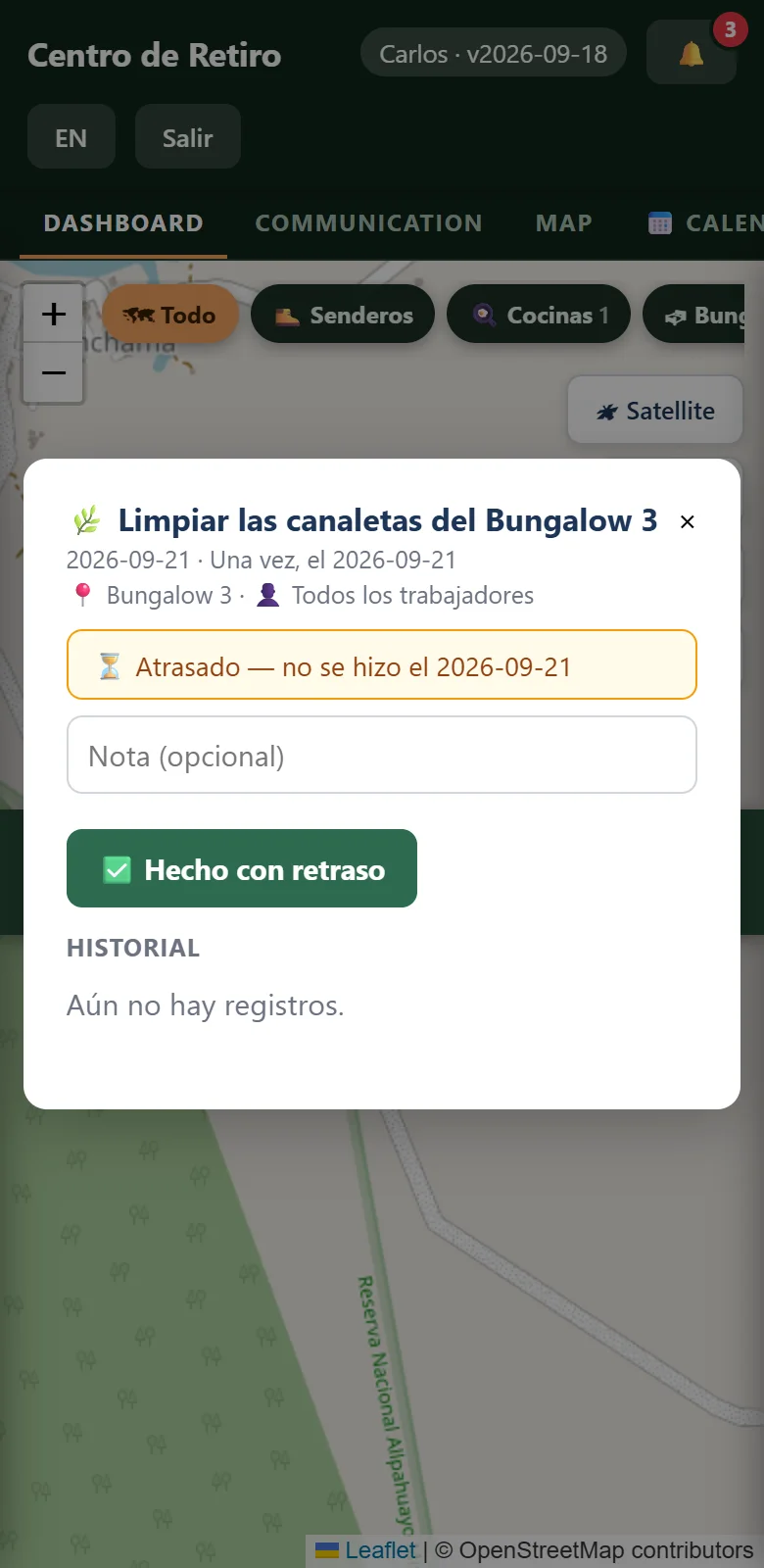 Una tarea programada atrasada abierta: un campo de nota y un botón Hecho con retraso