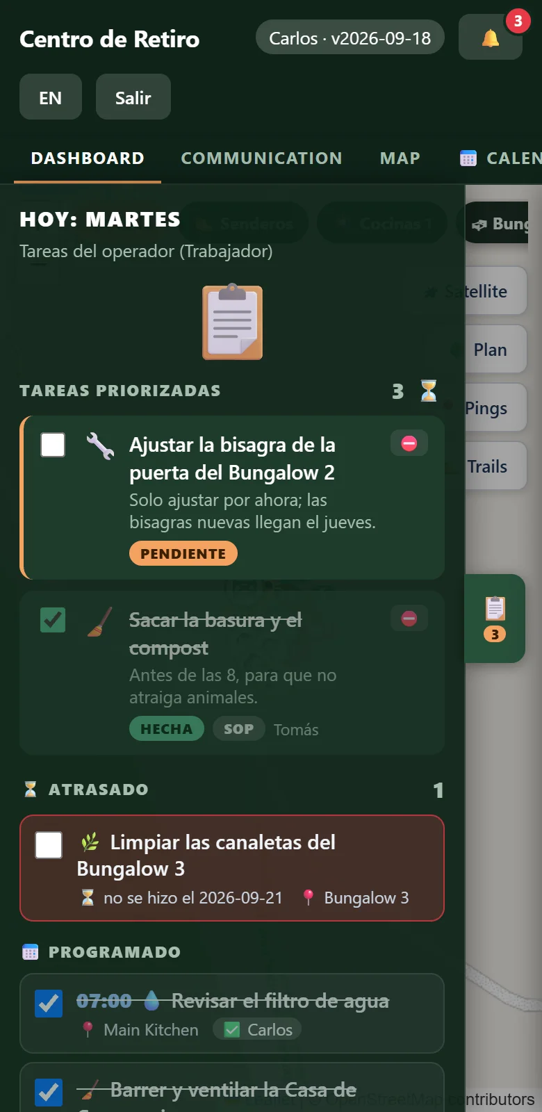 El panel de Hoy: tareas priorizadas con etiquetas Pendiente, Hecha y Bloqueada, luego trabajo atrasado y programado